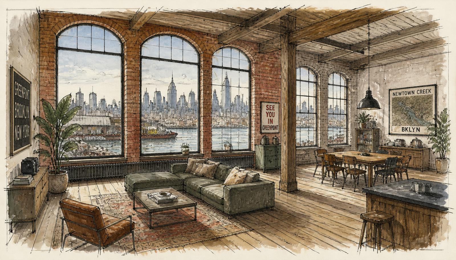 Greenpoint loft interior — steel windows, high ceilings
