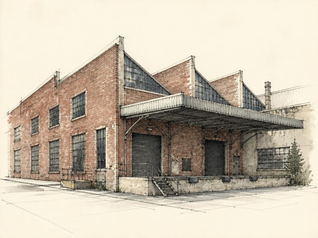 Ink sketch of an East Williamsburg brick warehouse building