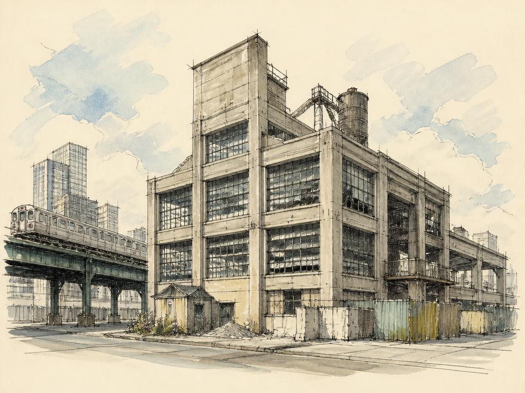 Ink sketch of a Long Island City concrete factory building